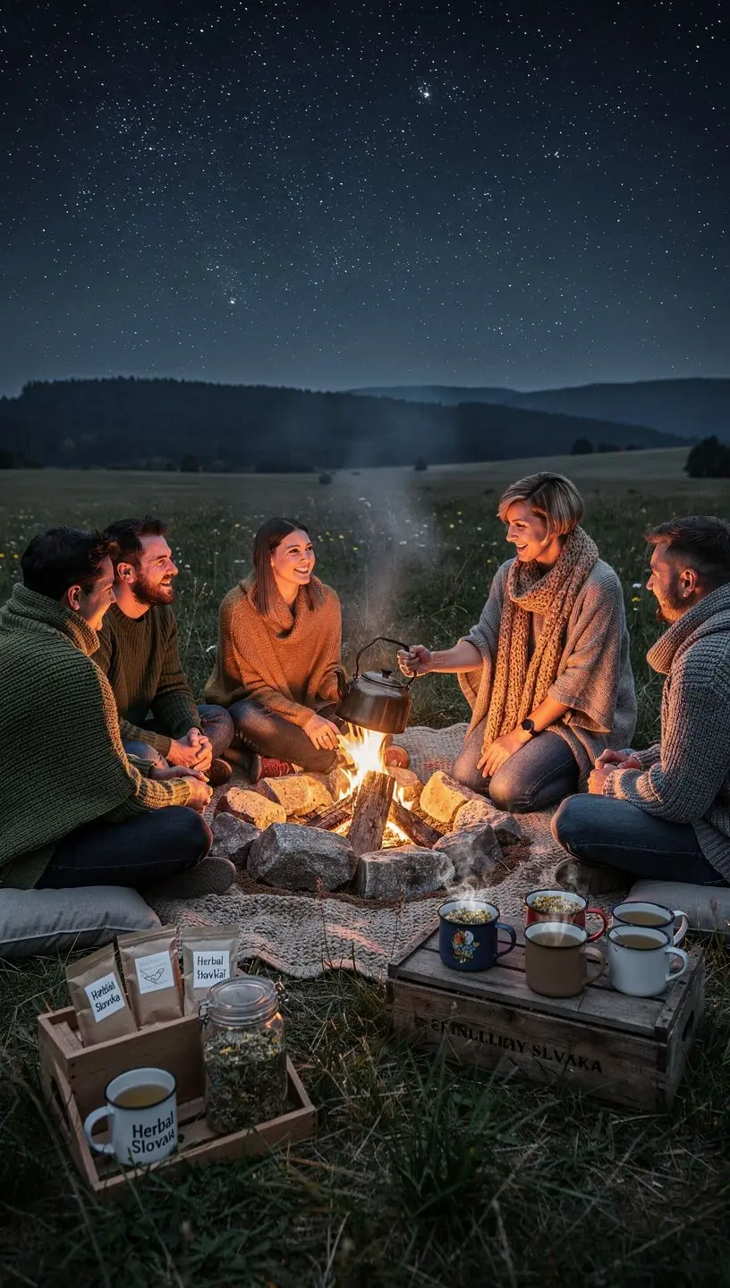 Relaxujúca atmosféra s teplým svetlom a bylinkovými čajmi na stole