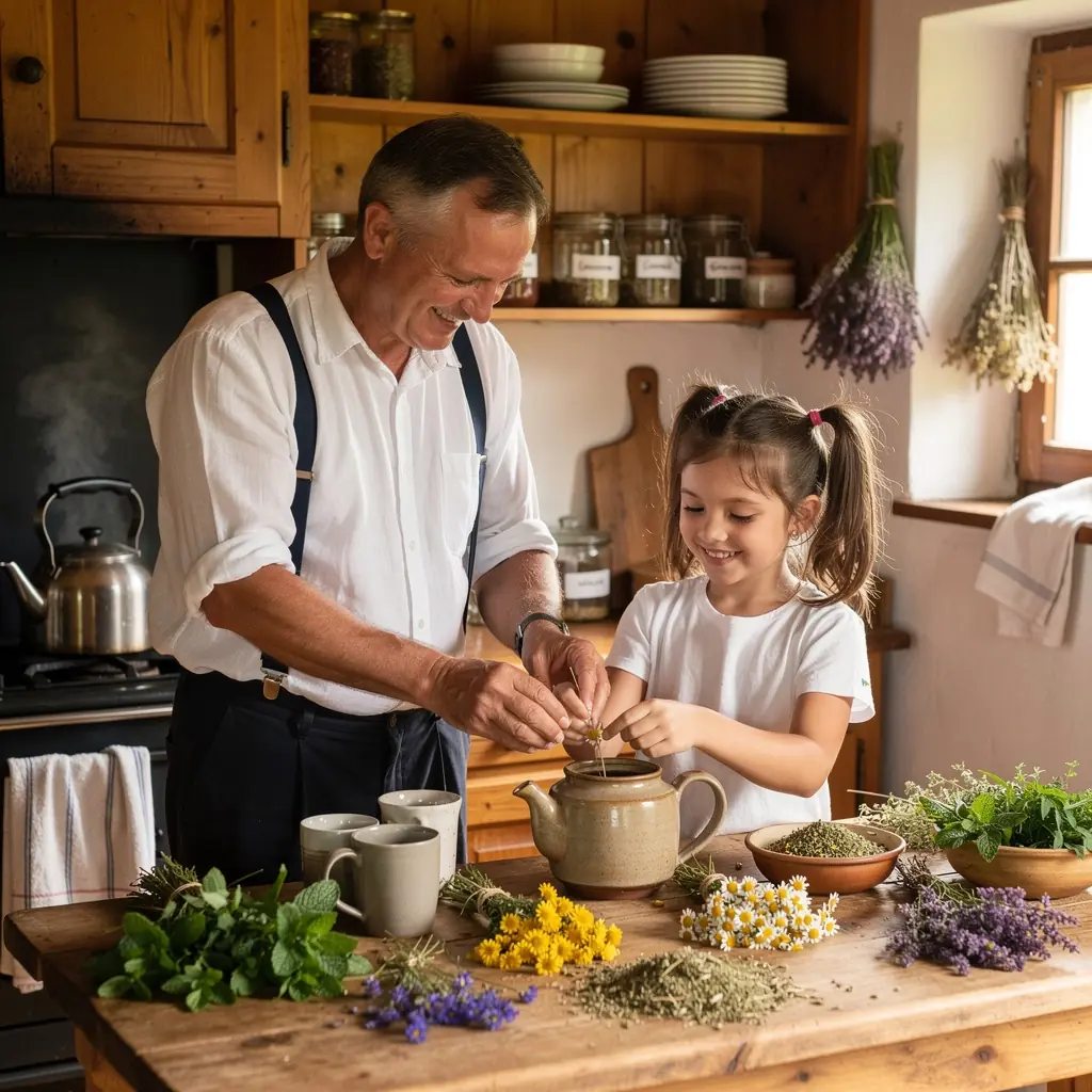 Zelené listy a sušené kvety rozložené na bielej plachte pred prípravou čaju