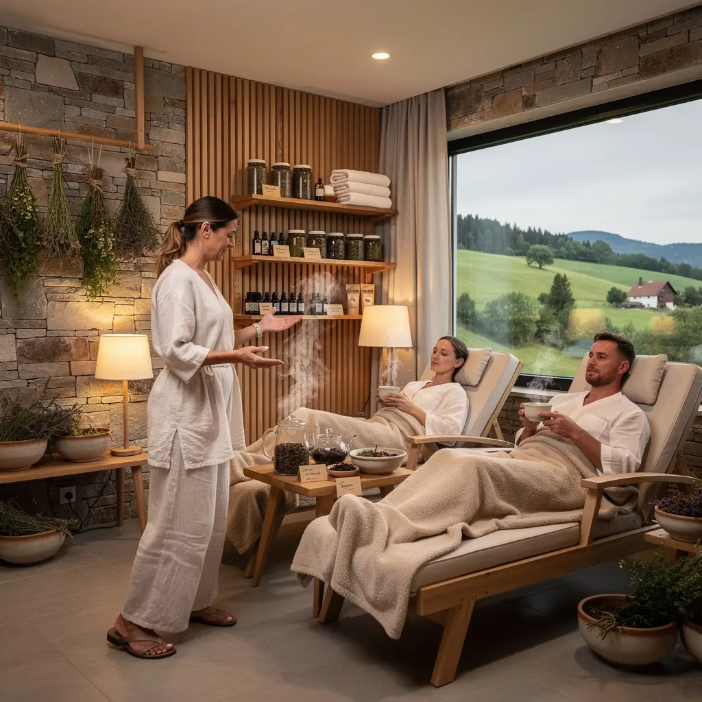 Žena vychutnávajúca si čaj v pohodlnom kresle s pohľadom na hory