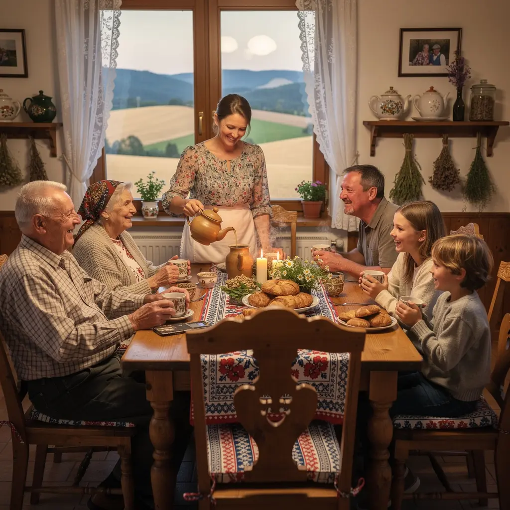 Šálka čaju s parou stúpajúcou do vzduchu vedľa kvetinových dekorácií