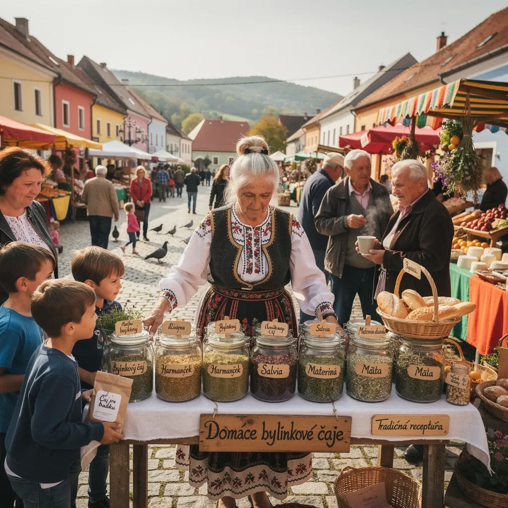 Záber na šálku čaju s bylinkami a plátkami citrónu, obklopenú kvetmi.