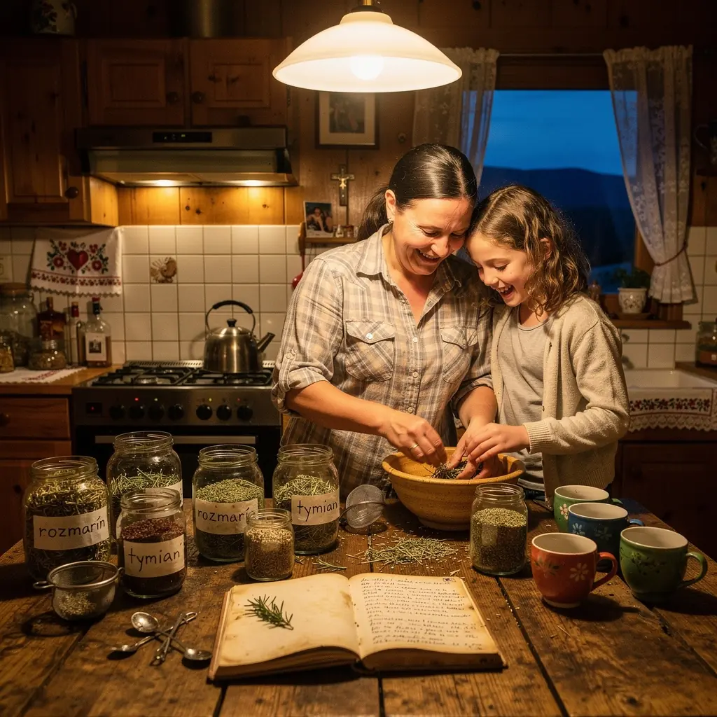 Jemný pohľad na meditačnú scénu s čajom a prírodnými prvkami okolo.