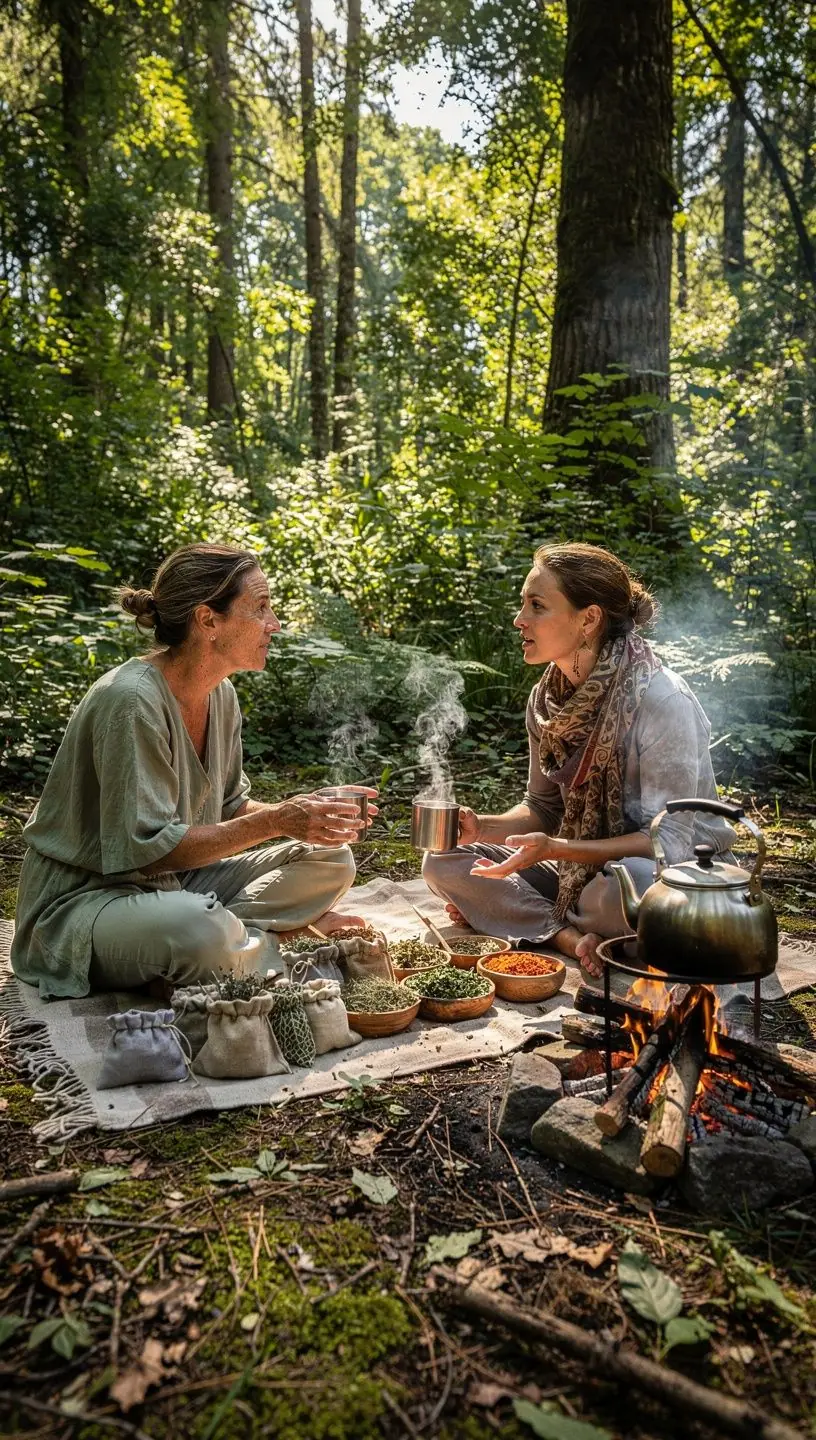 Rúčka šálky s čajom v ruke, s pozadím prírodných lesov a hôr.