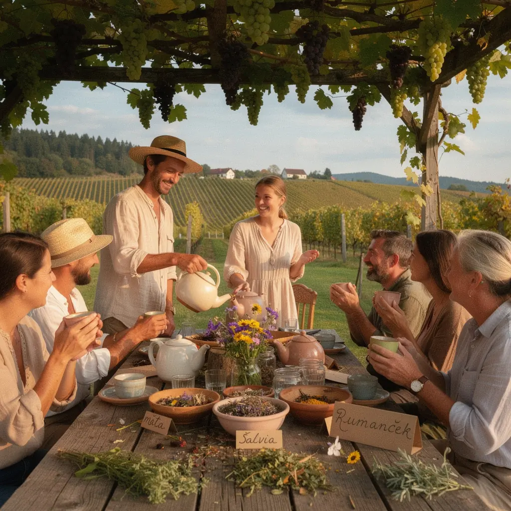 Šálka voňavého bylinkového čaju na drevenom stole v prírodnom prostredí